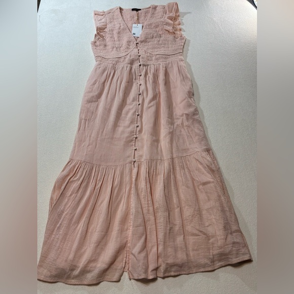 Quince Blush Pink Smocked Midi Dress NWT Ruffle Sleeve Button Front Boho large - Picture 4 of 9